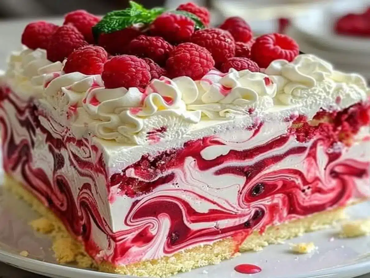 Raspberry Swirl Cheesecake with creamy white cheesecake layers, red raspberry swirls, whipped topping, and fresh raspberries.
