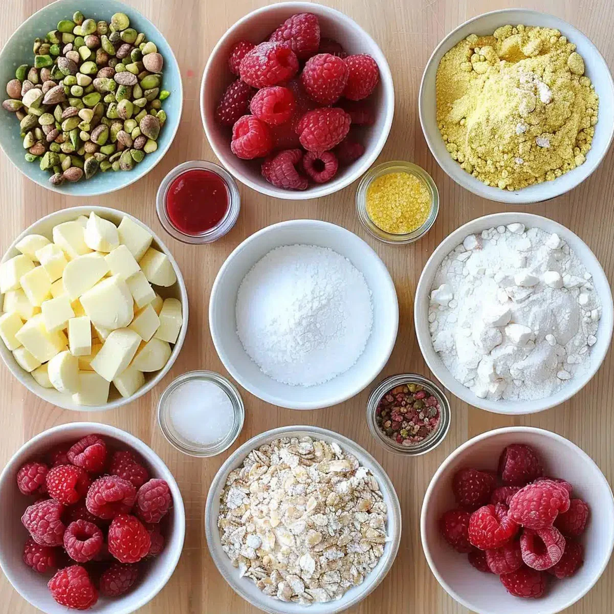 All ingredients for Raspberry Pistachio Cheesecake laid out on a cutting board