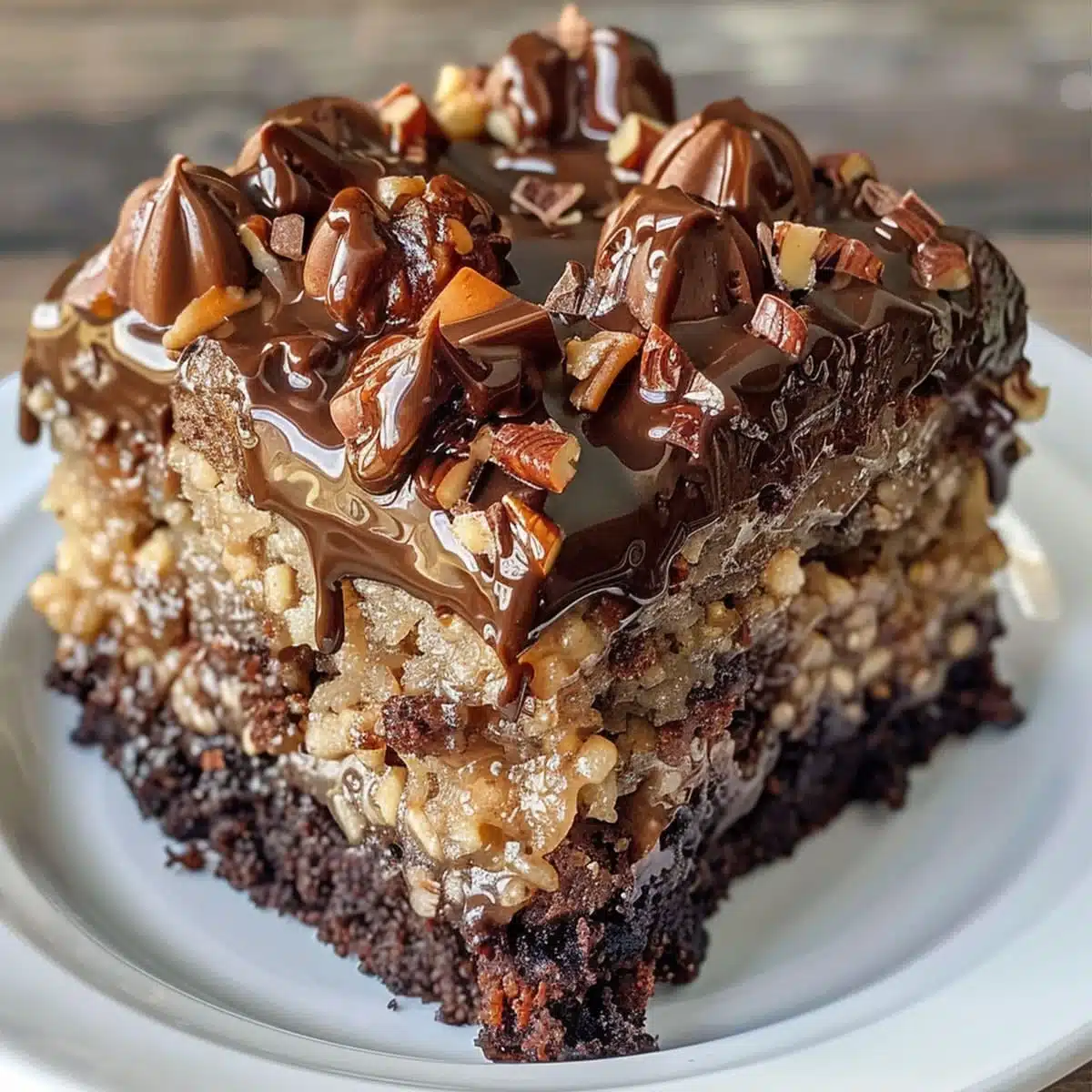 Flat lay of ingredients for German chocolate poke cake including cake mix, condensed milk, caramel, coconut, and pecans