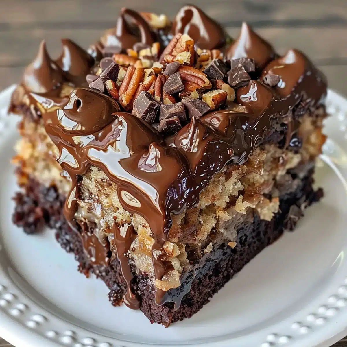 Caramel and chocolate frosting being drizzled over German chocolate poke cake