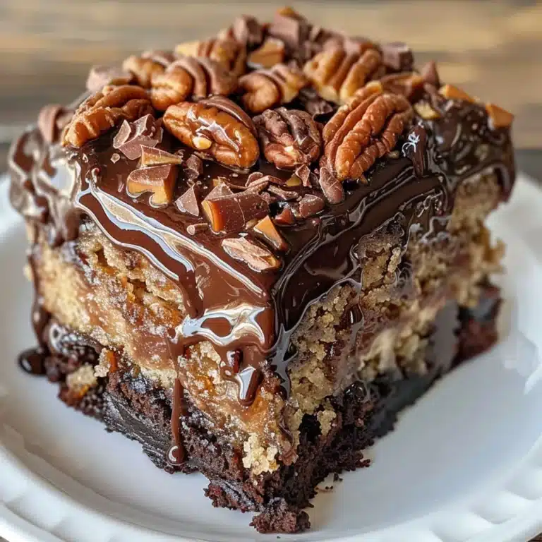 German chocolate poke cake topped with caramel, coconut, and pecans