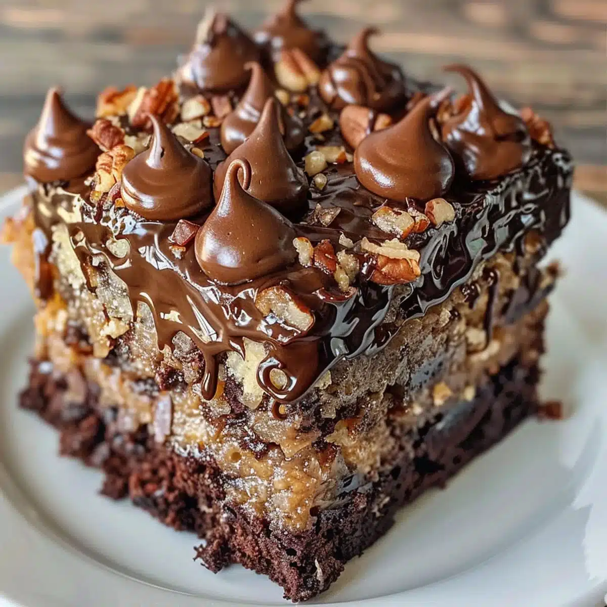 Overhead view of German chocolate poke cake in a white baking dish