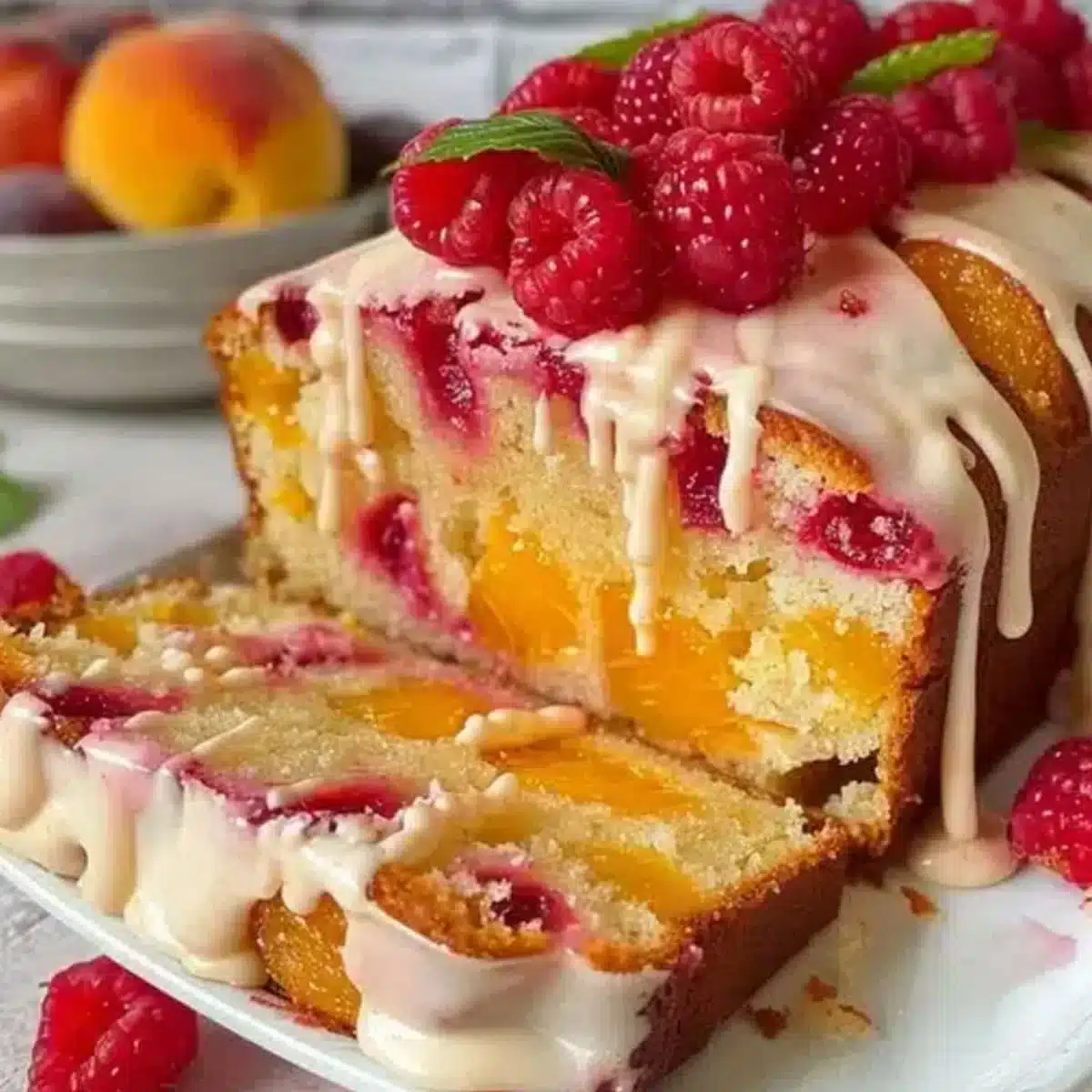Peach Raspberry Cake with Lemon Glaze topped with fresh raspberries, mint leaves, thick lemon drizzle, juicy peach pieces, and soft raspberry-filled cake slices.