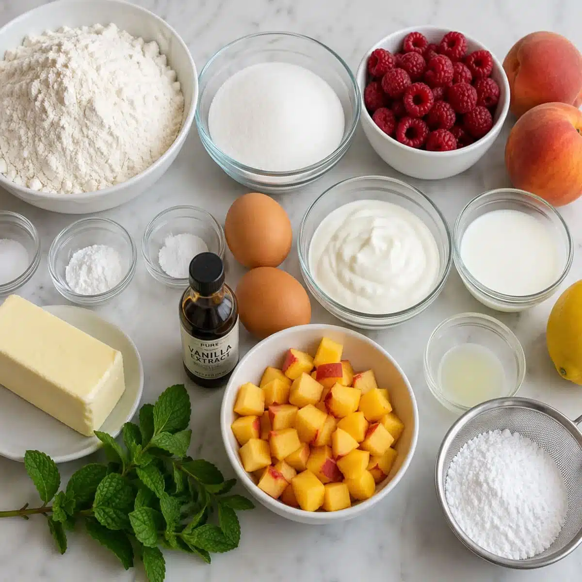 Juicy Peach Raspberry Cake with Lemon Glaze 3 Peach Raspberry Cake with Lemon Glaze ingredients including flour, sugar, butter, eggs, sour cream, milk, peaches, raspberries, lemon juice, powdered sugar, vanilla, and mint.