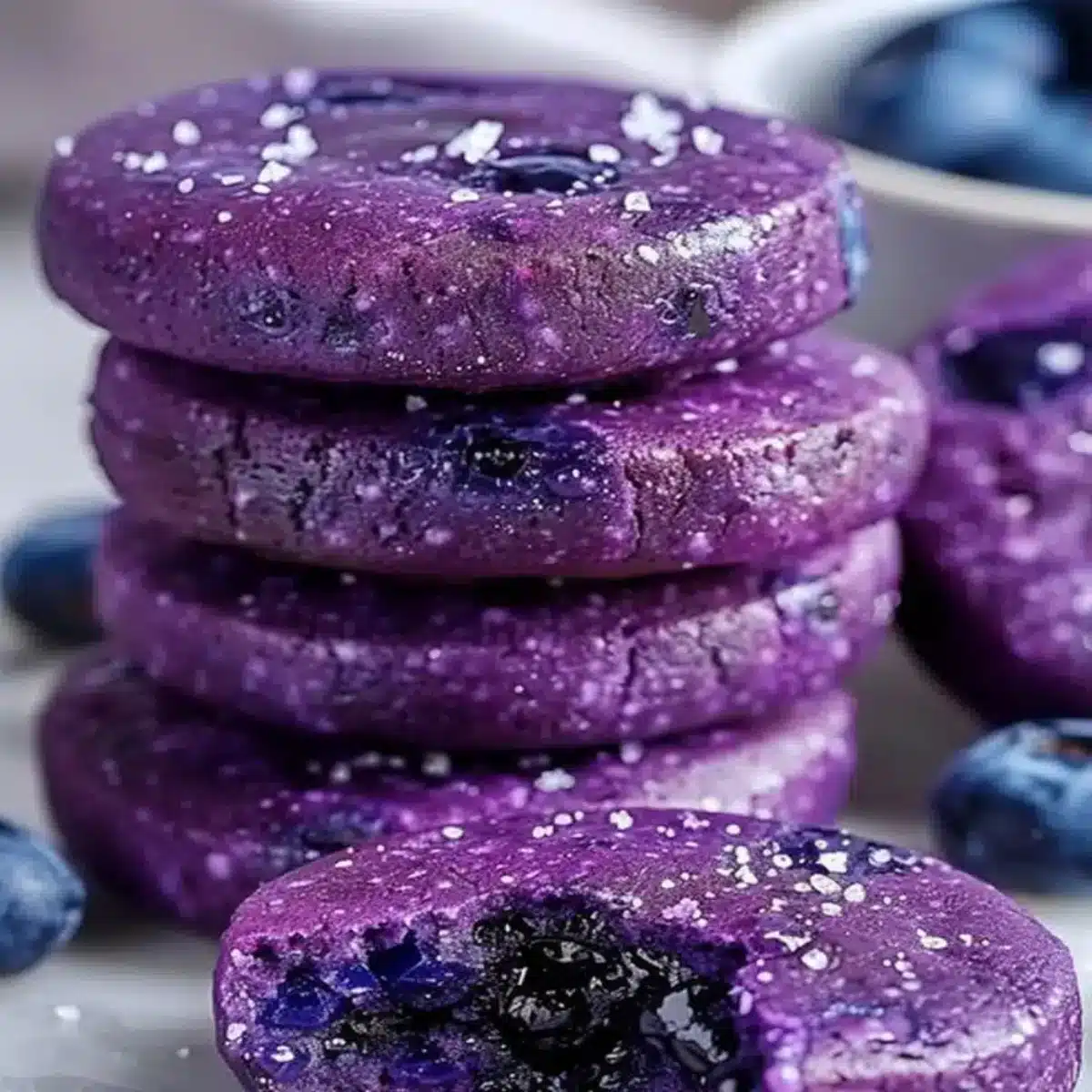Chocolate cookies with blueberry jam centers arranged on a white plate, showing one cookie broken in half to reveal the purple jam filling inside, with sugar crystals visible on the cookie surface