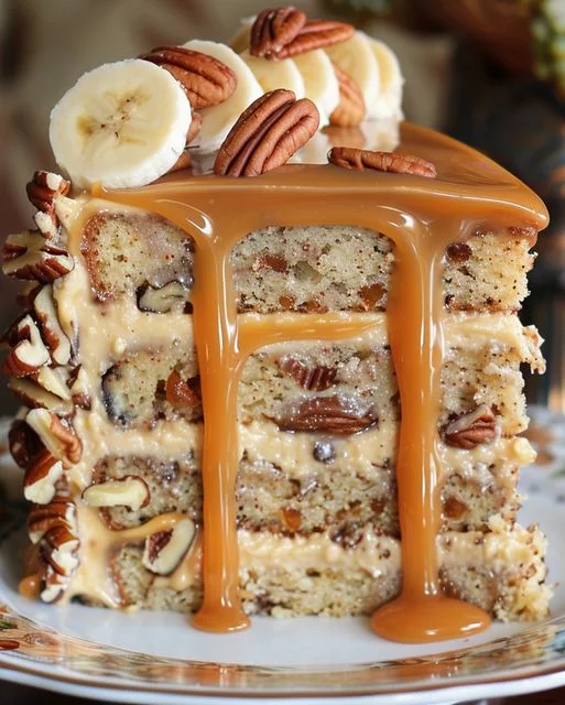 Banana Pecan Caramel Cake Recipe | Delicious Layers