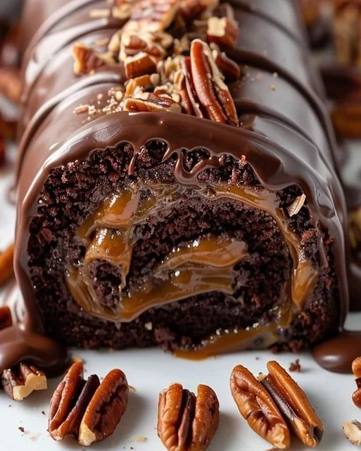 Gooey Chocolate Caramel Turtle Cake Roll Recipe