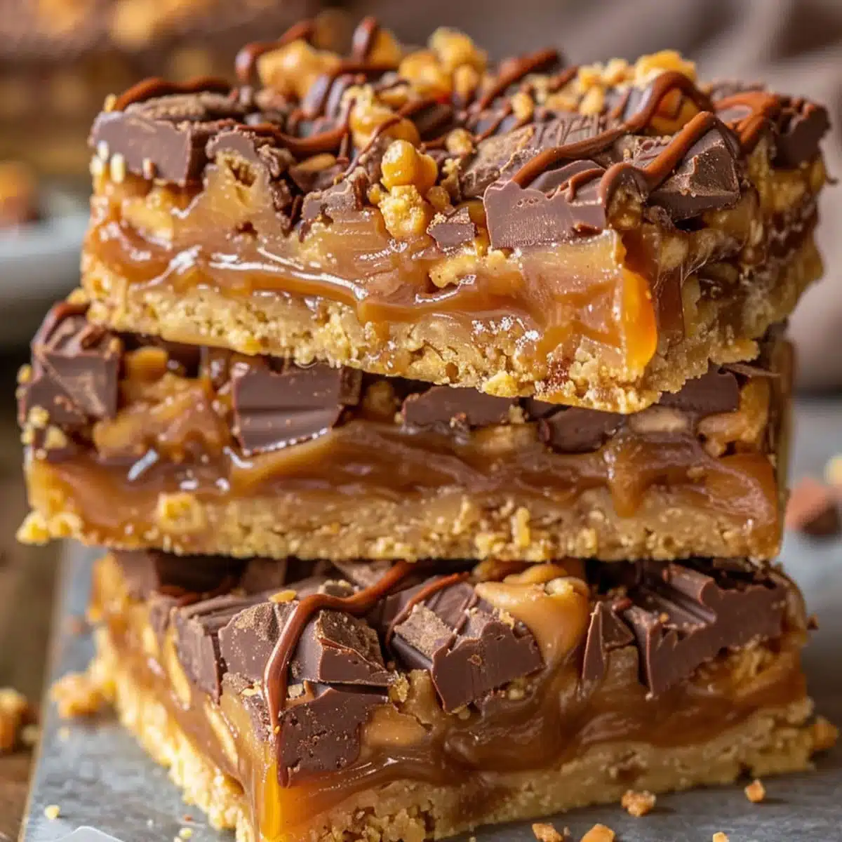 Caramel Chocolate Crunch Bars | Easy Dessert Treats 5 Stacked caramel chocolate crunch bars with gooey layers and a buttery crust