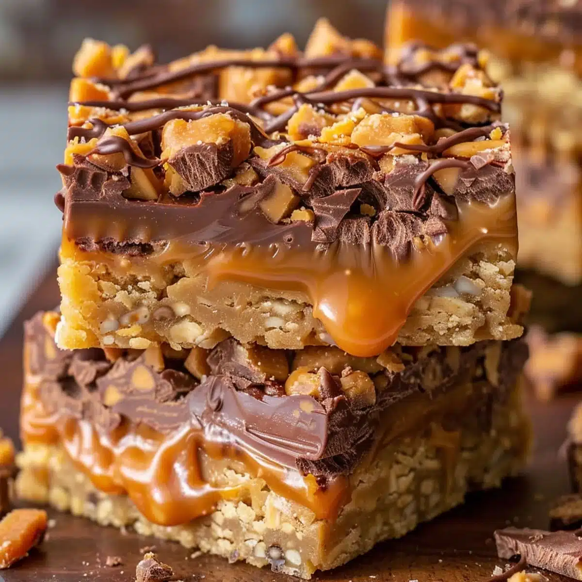 Caramel Chocolate Crunch Bars | Easy Dessert Treats 6 Close-up of chocolate caramel crunch bars with visible caramel and chocolate chunks