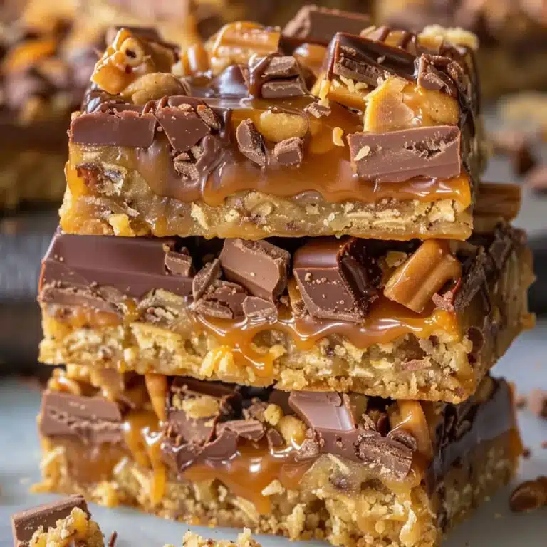 Homemade caramel chocolate crunch bars stacked on a dessert plate