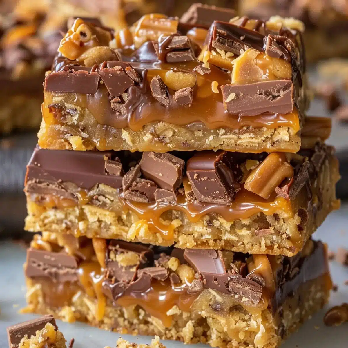Caramel Chocolate Crunch Bars | Easy Dessert Treats 8 Homemade caramel chocolate crunch bars stacked on a dessert plate