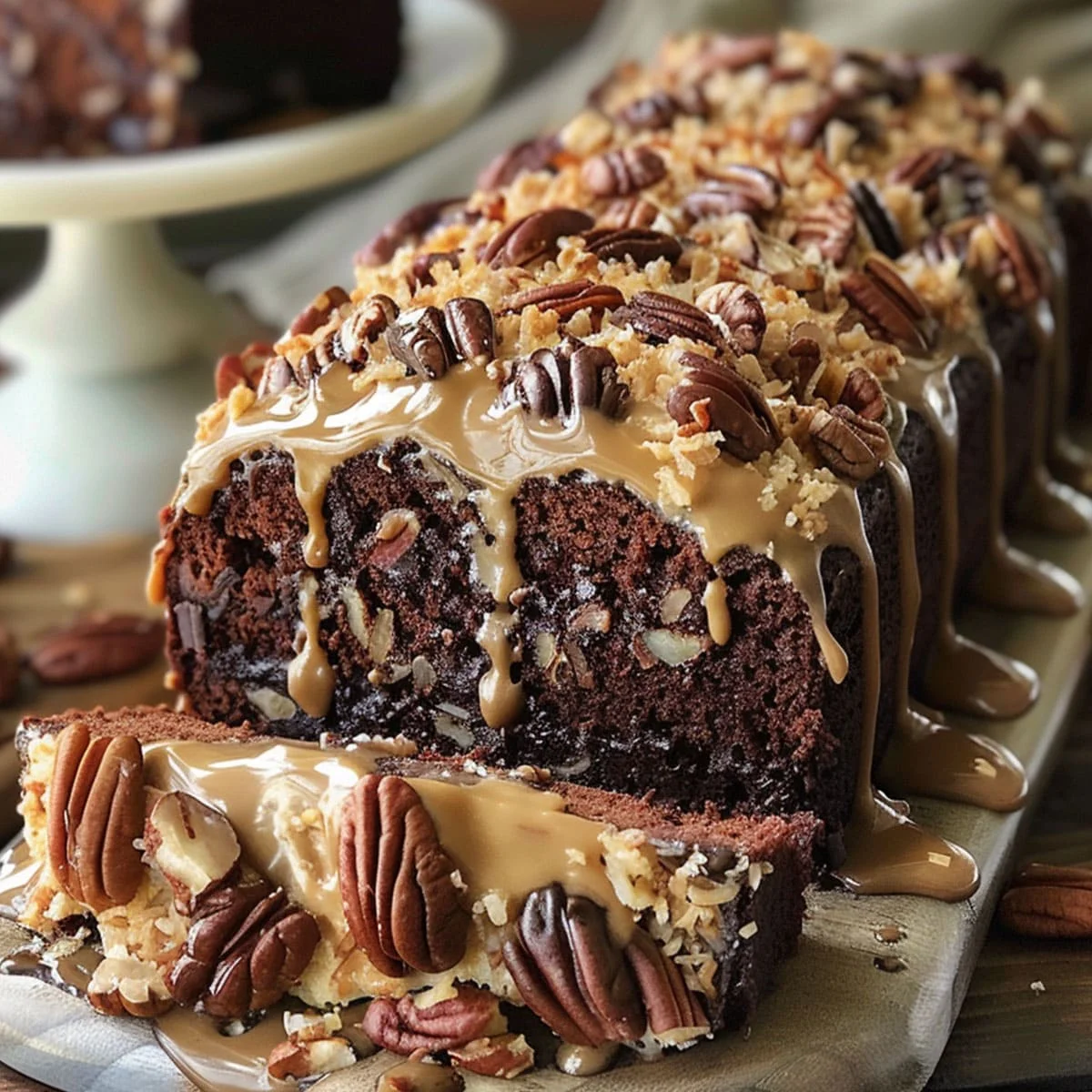 Gooey chocolate pecan cake topped with pecans and caramel drizzle on wooden board