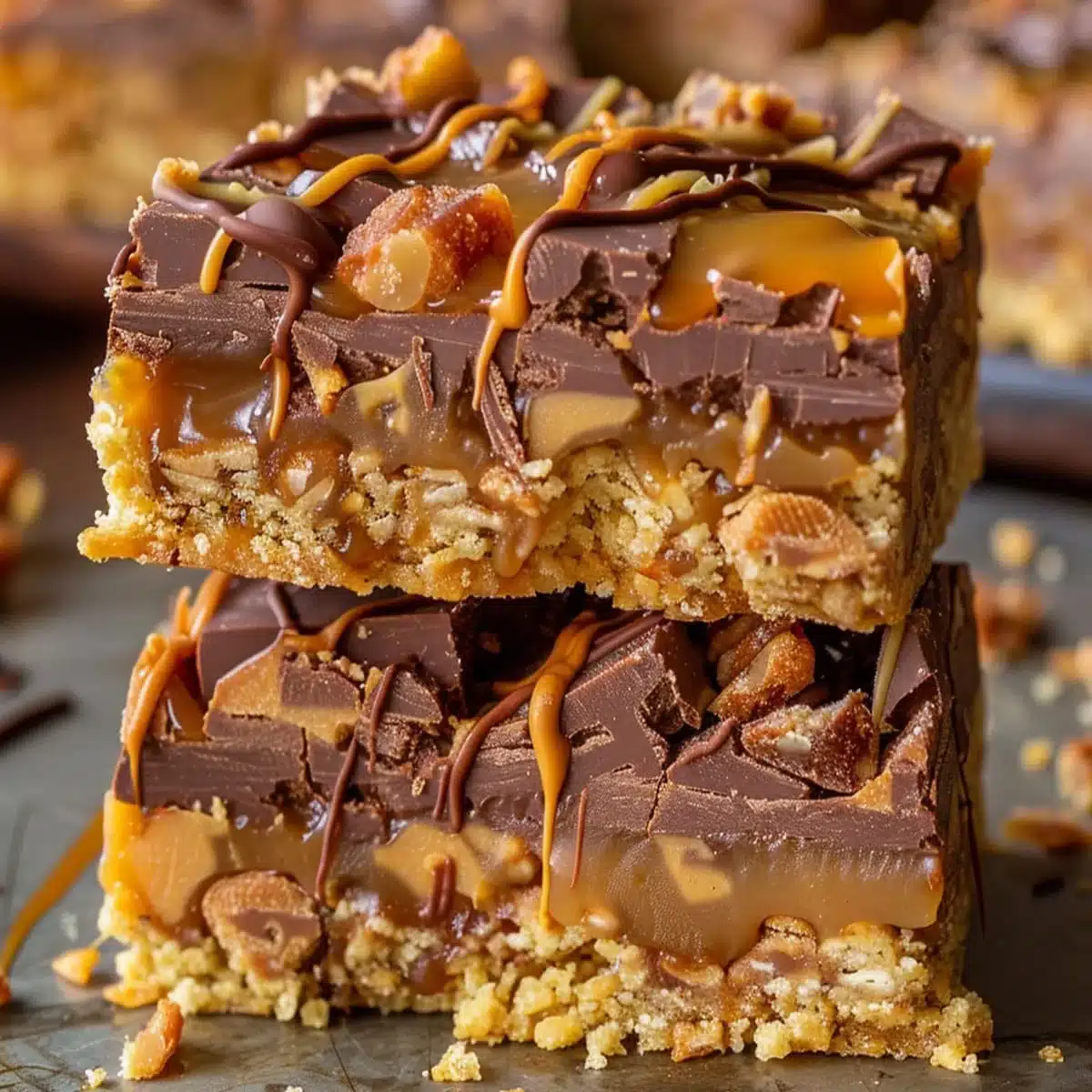 Caramel Chocolate Crunch Bars | Easy Dessert Treats 7 Homemade caramel chocolate crunch bars cut into squares and stacked on a plate