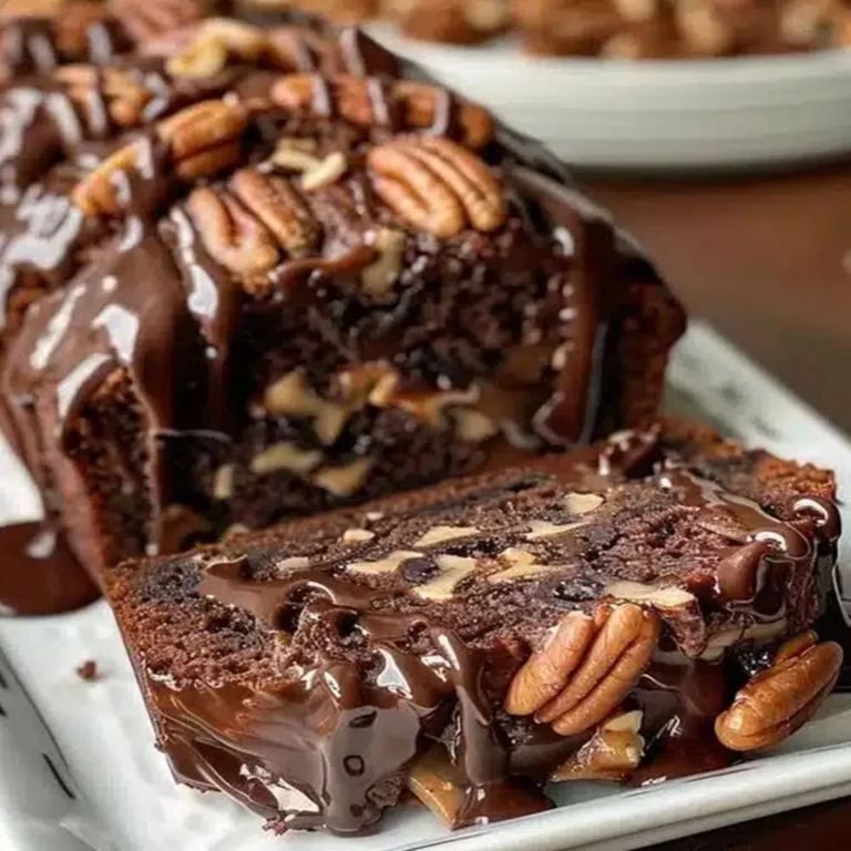 Gooey chocolate pecan cake with melted dark chocolate ganache and pecan topping