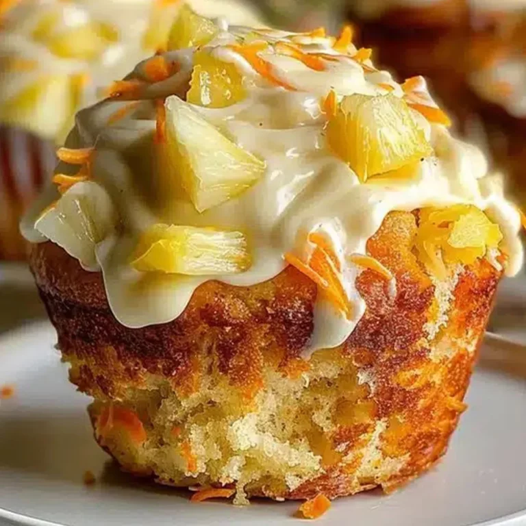 Moist carrot muffin with pineapple chunks and cream cheese frosting