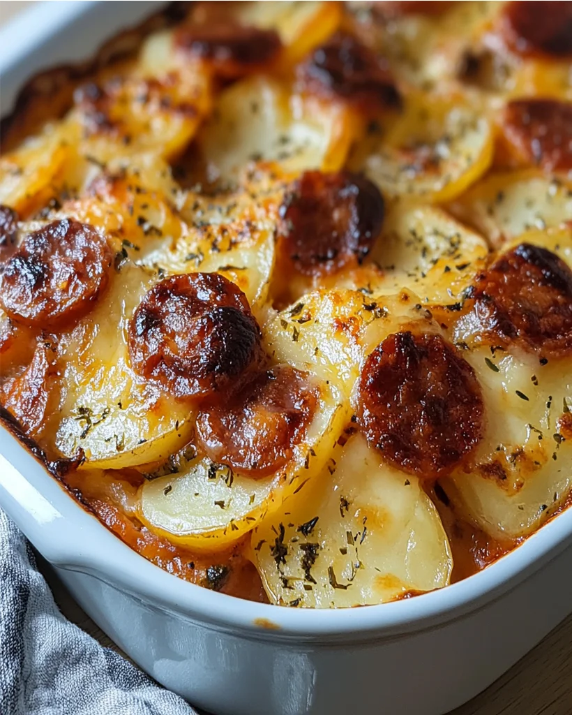 Rustic Potato Gratin with Chorizo and Tomato Béchamel