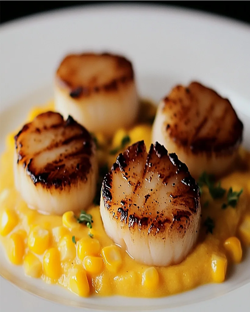 Golden Seared Scallops with Smoky Sweet Corn Cream Recipe