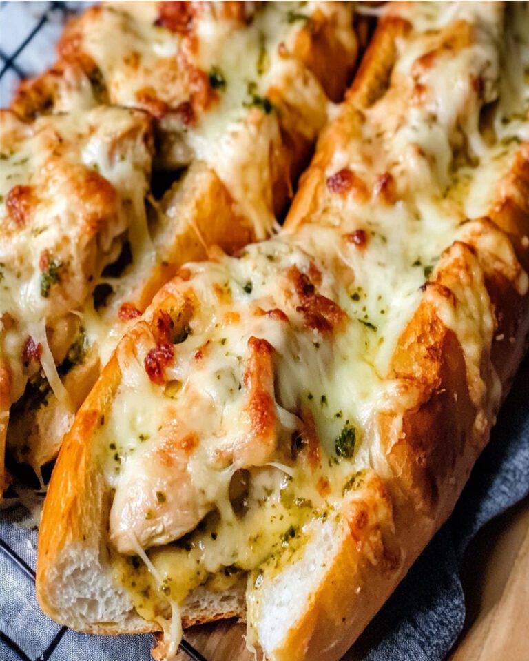 Cheesy Pesto Chicken Garlic Baguettes