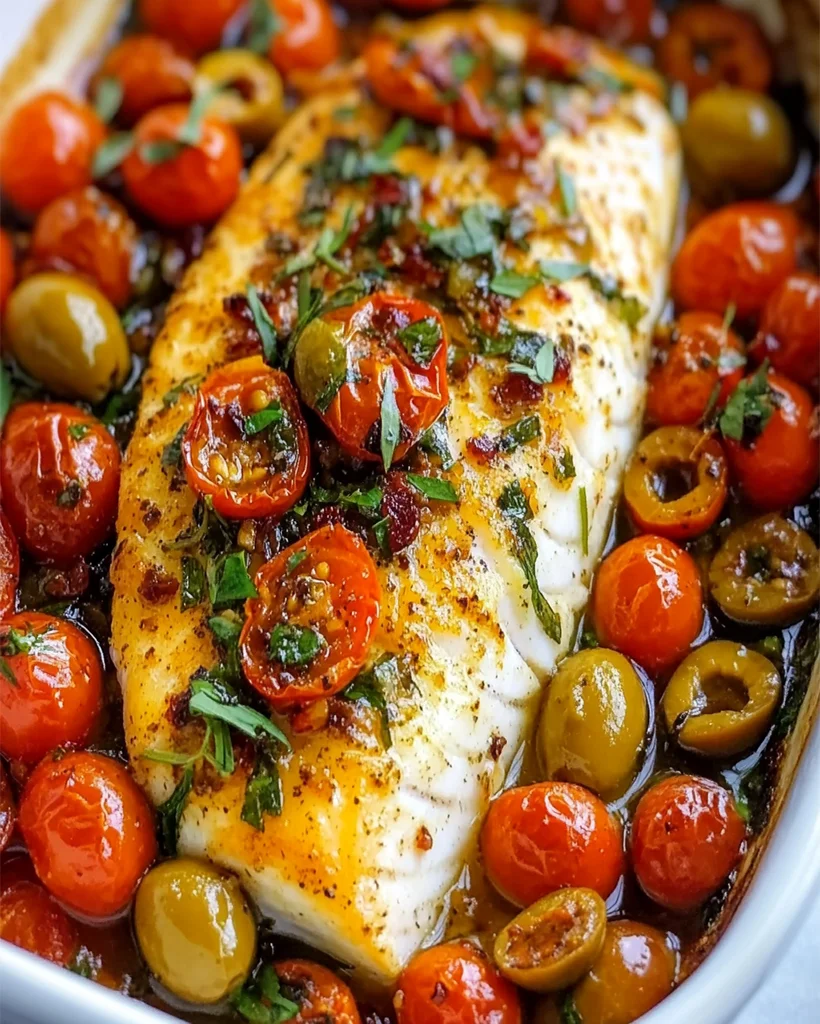 Mediterranean Baked Fish with Herb-Infused Tomatoes and Olives