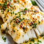 The image showcases a savory **Baked Garlic Butter Cod**. The fillet is perfectly baked, achieving a golden-brown crust on the outside while maintaining a tender and flaky texture within. The cod is infused with rich garlic butter, adding a deep, savory flavor that pairs beautifully with the delicate fish. Fresh herbs are generously sprinkled on top, providing a burst of freshness and color. The dish is finished with a zesty lemon drizzle that enhances the cod's natural flavors, creating a harmonious balance of richness and brightness. The presentation is simple yet elegant, making it an ideal centerpiece for any meal. A portion has been served, revealing the moist, flavorful layers within.