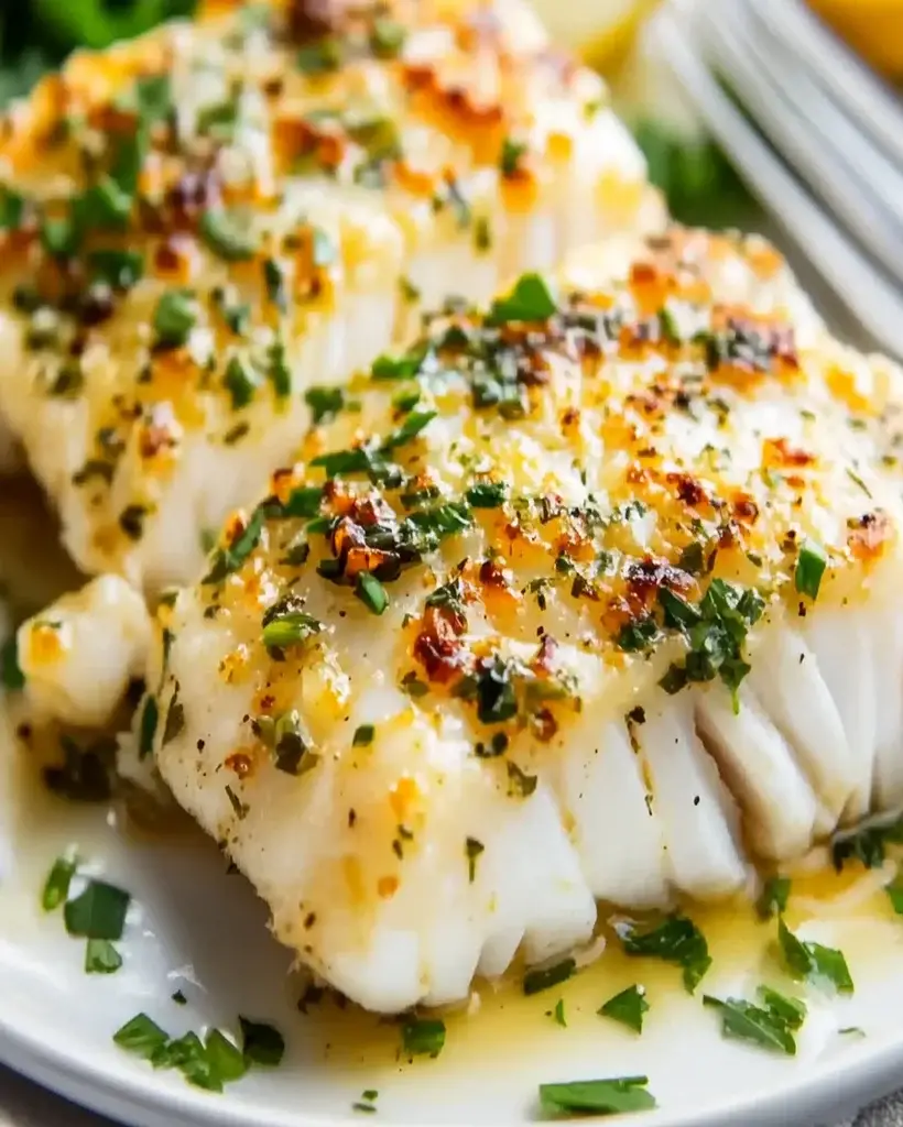 The image showcases a savory **Baked Garlic Butter Cod**. The fillet is perfectly baked, achieving a golden-brown crust on the outside while maintaining a tender and flaky texture within. The cod is infused with rich garlic butter, adding a deep, savory flavor that pairs beautifully with the delicate fish. Fresh herbs are generously sprinkled on top, providing a burst of freshness and color. The dish is finished with a zesty lemon drizzle that enhances the cod's natural flavors, creating a harmonious balance of richness and brightness. The presentation is simple yet elegant, making it an ideal centerpiece for any meal. A portion has been served, revealing the moist, flavorful layers within.