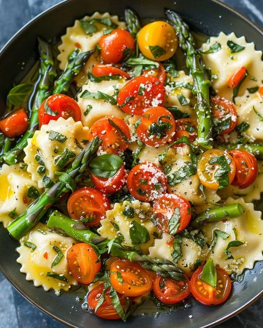 Ravioli with Tomatoes, Asparagus, and Garlic Recipe