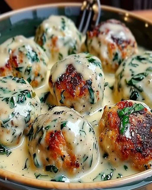 Chicken Ricotta Meatballs with Spinach Alfredo Sauce