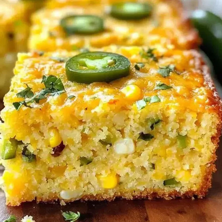 Close-up slice of moist Jalapeño Cheddar Cornbread with melted cheese and jalapeño slices