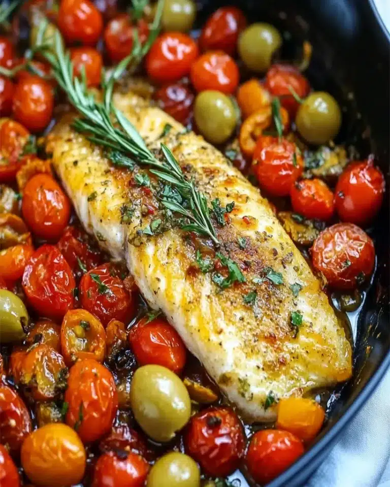Juicy Fish Seared and Baked with Tomatoes & Olives