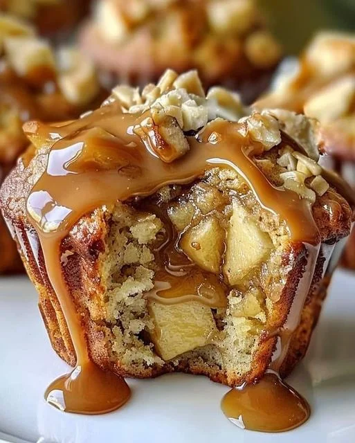 Caramel Apple Muffins Recipe with Walnuts & Caramel Drizzle