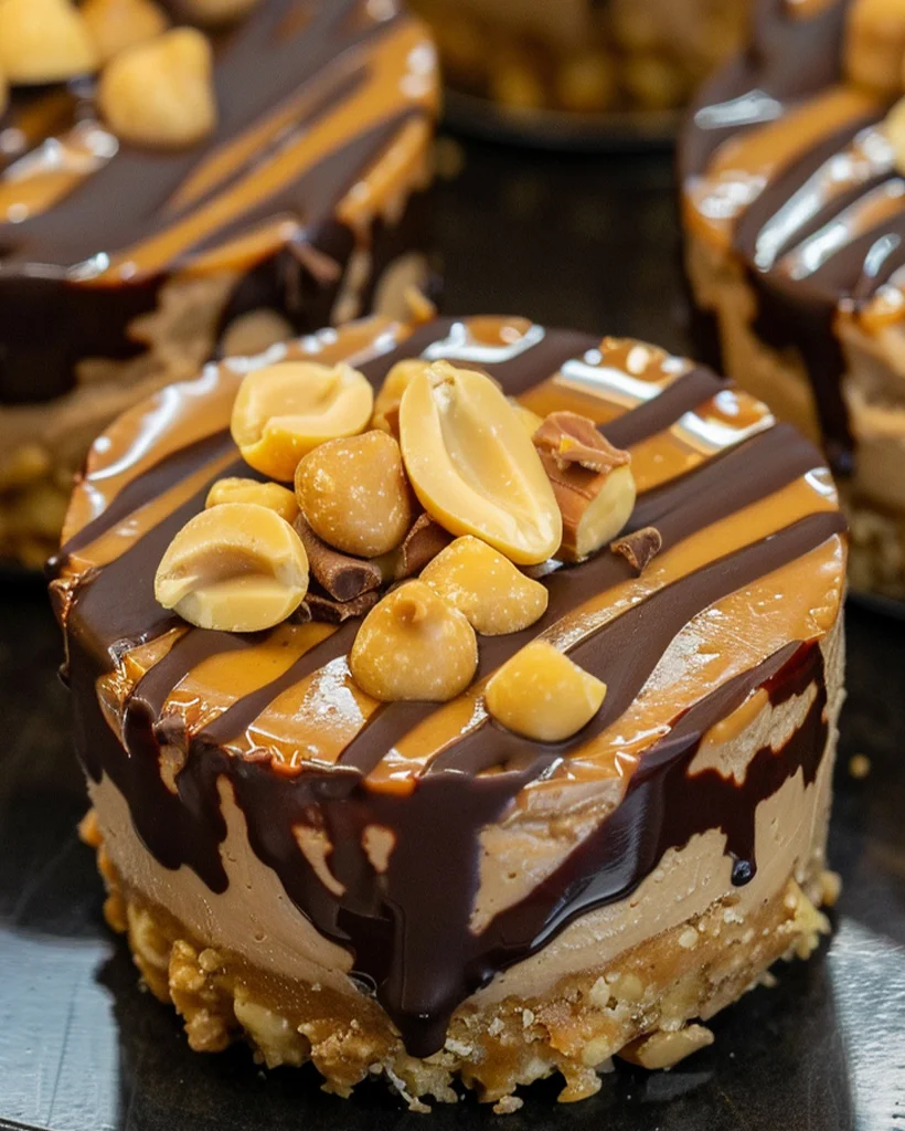 Mini Peanut Butter Cheesecakes with Caramel Drizzle