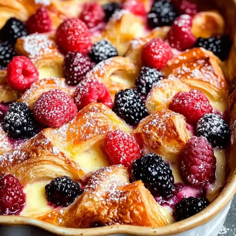 Berry croissant breakfast bake with golden pastry and fresh raspberries