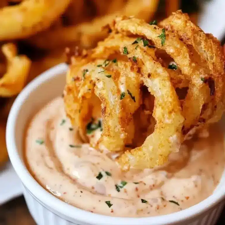 Crispy blooming onion dipped in creamy homemade blooming onion sauce in a white ramekin.
