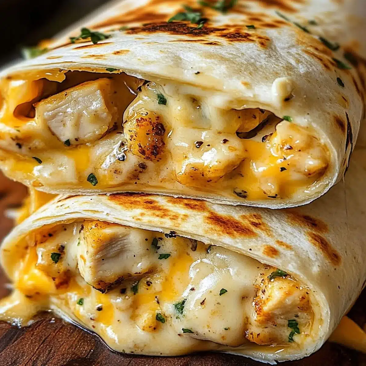 Cheesy Garlic Chicken Wraps - Quick & Easy Dinner Recipe 5 Chicken wraps stuffed with garlic-seasoned chicken, cheddar cheese, and creamy sauce.