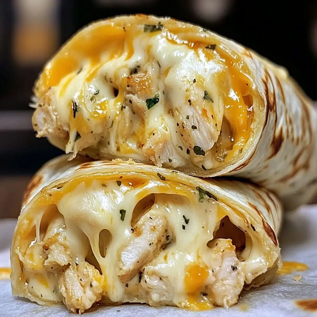Cheesy Garlic Chicken Wraps - Quick & Easy Dinner Recipe 8 Close-up of Cheesy Garlic Chicken Wrap sliced in half with melted cheese and creamy garlic sauce.