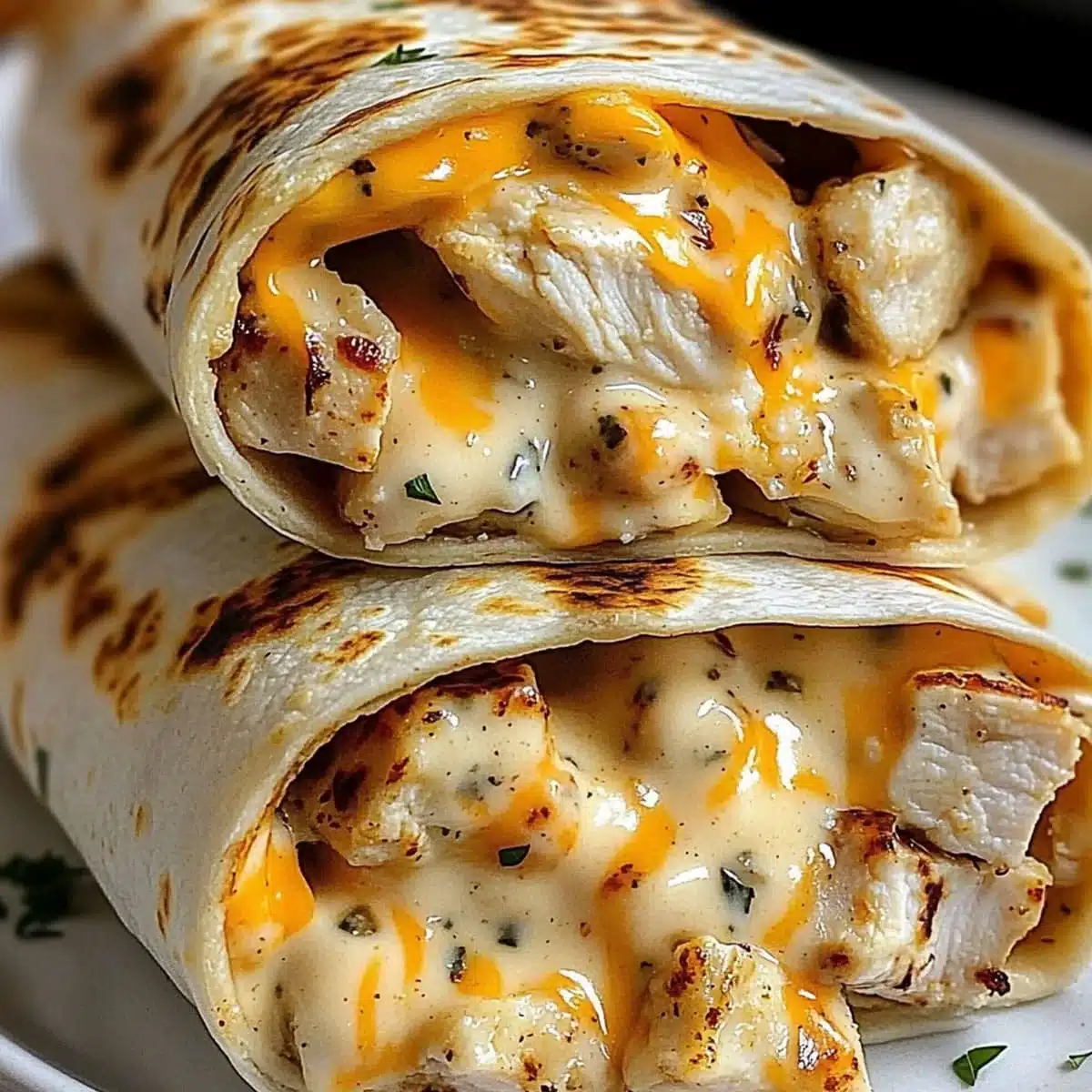 Cheesy Garlic Chicken Wraps - Quick & Easy Dinner Recipe 7 Chicken wraps stuffed with garlic-seasoned chicken, cheddar cheese, and creamy sauce.