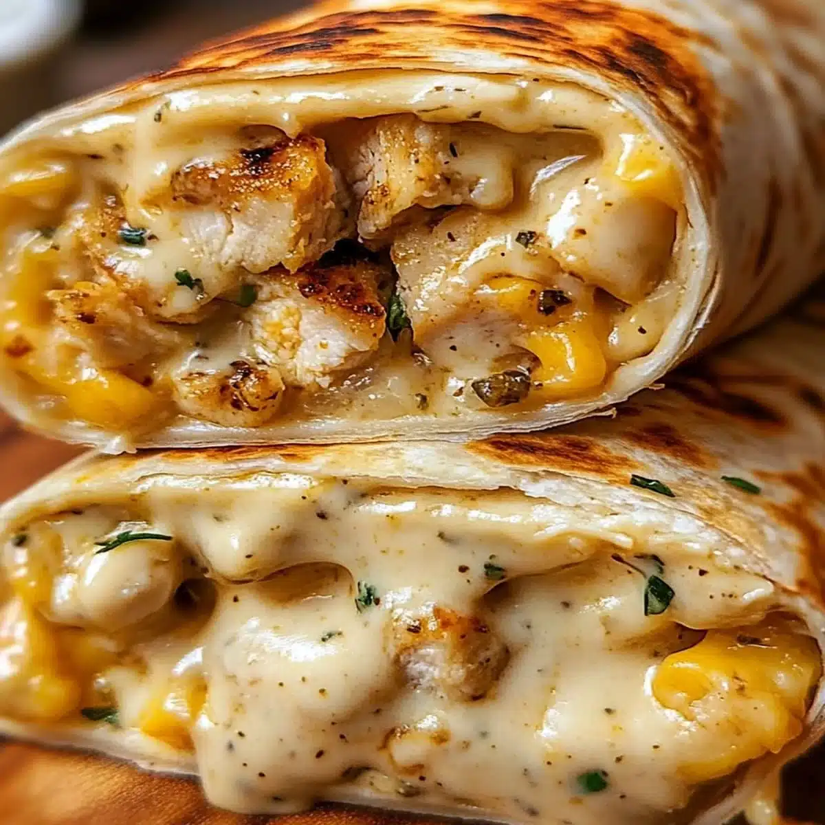 Cheesy Garlic Chicken Wraps - Quick & Easy Dinner Recipe 6 Air fryer Cheesy Garlic Chicken Wraps on a wooden board with dipping sauce.