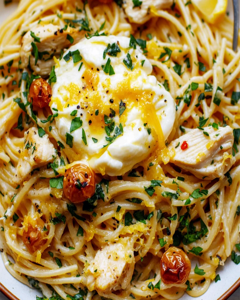 Chicken Spaghetti with Burrata and Lemon Garlic Sauce Recipe