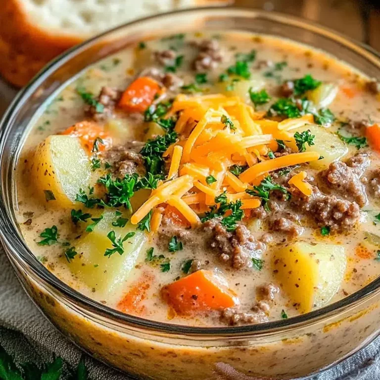 Crockpot Creamy Potato and Hamburger Soup with chunky vegetables and cheddar garnish