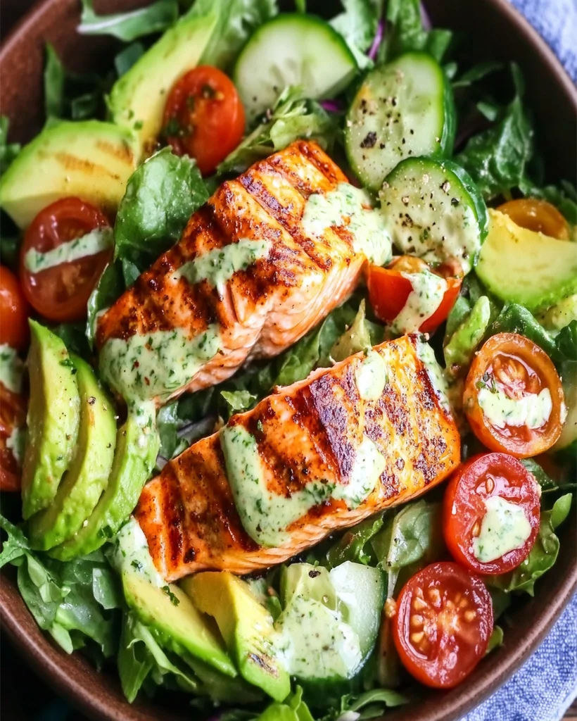 Grilled Salmon Salad with Creamy Cilantro Lime Dressing