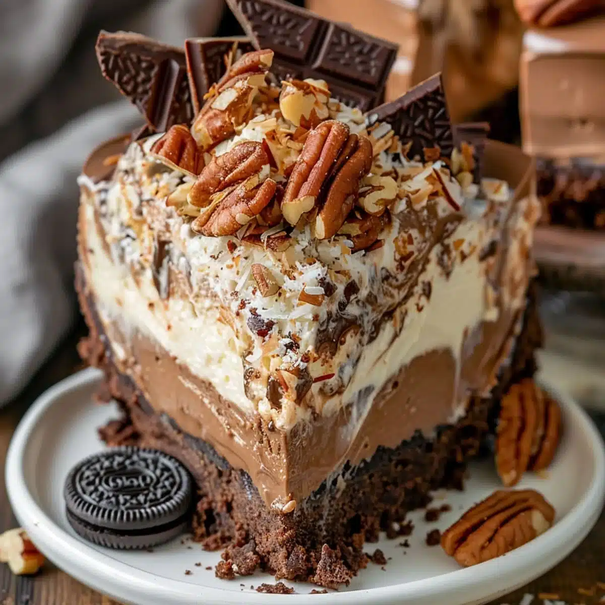 Slice of no-bake German chocolate cheesecake topped with caramel, coconut, and pecans on a white plate