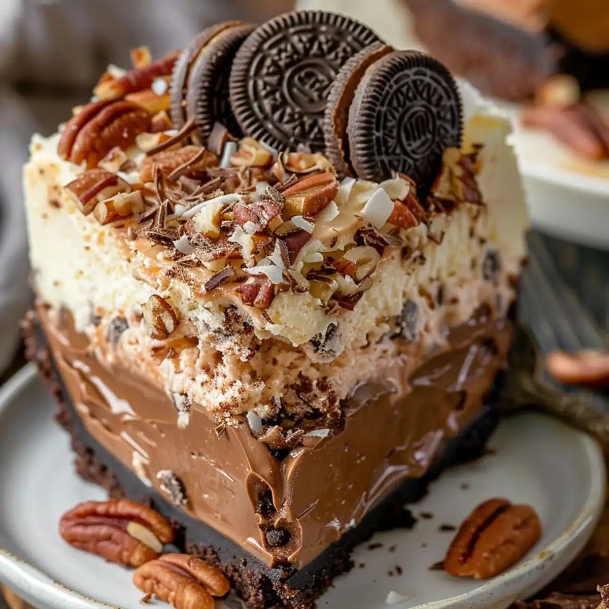 Slice of no-bake German chocolate cheesecake topped with caramel, coconut, and pecans on a white plate
