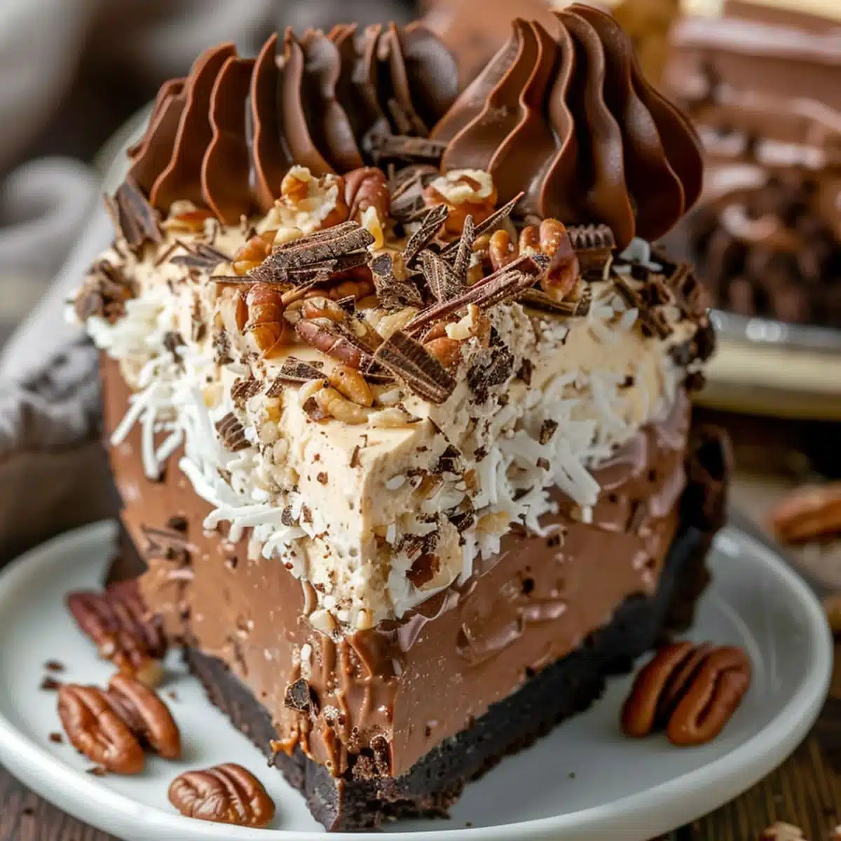 Slice of no-bake German chocolate cheesecake topped with caramel, coconut, and pecans on a white plate