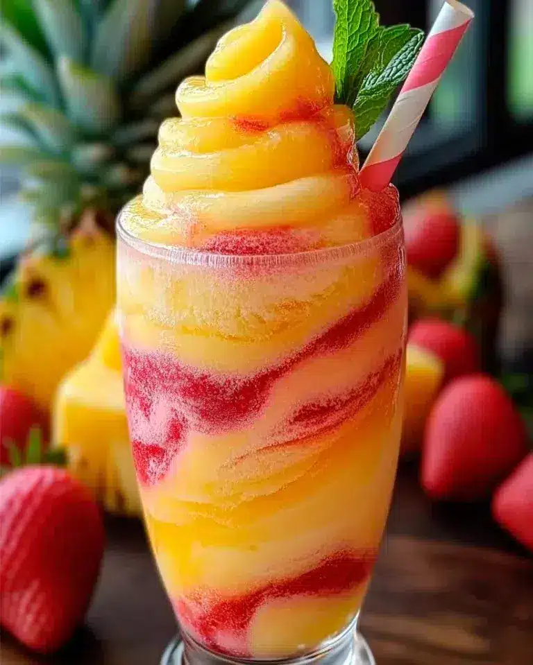 Two glasses of strawberry pineapple slush with vibrant red and yellow swirled layers on a white surface