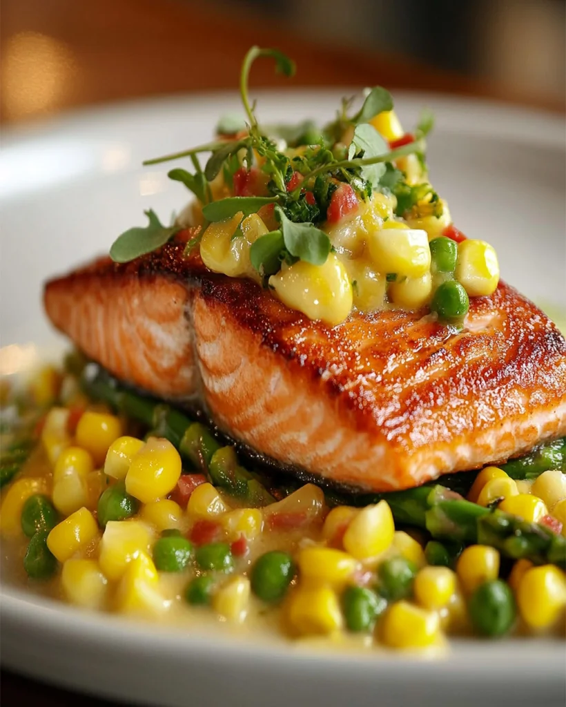 Seared Salmon with Corn and Asparagus Succotash Recipe