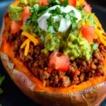 Stuffed Sweet Potato with Beef, Cheddar, and Guacamole