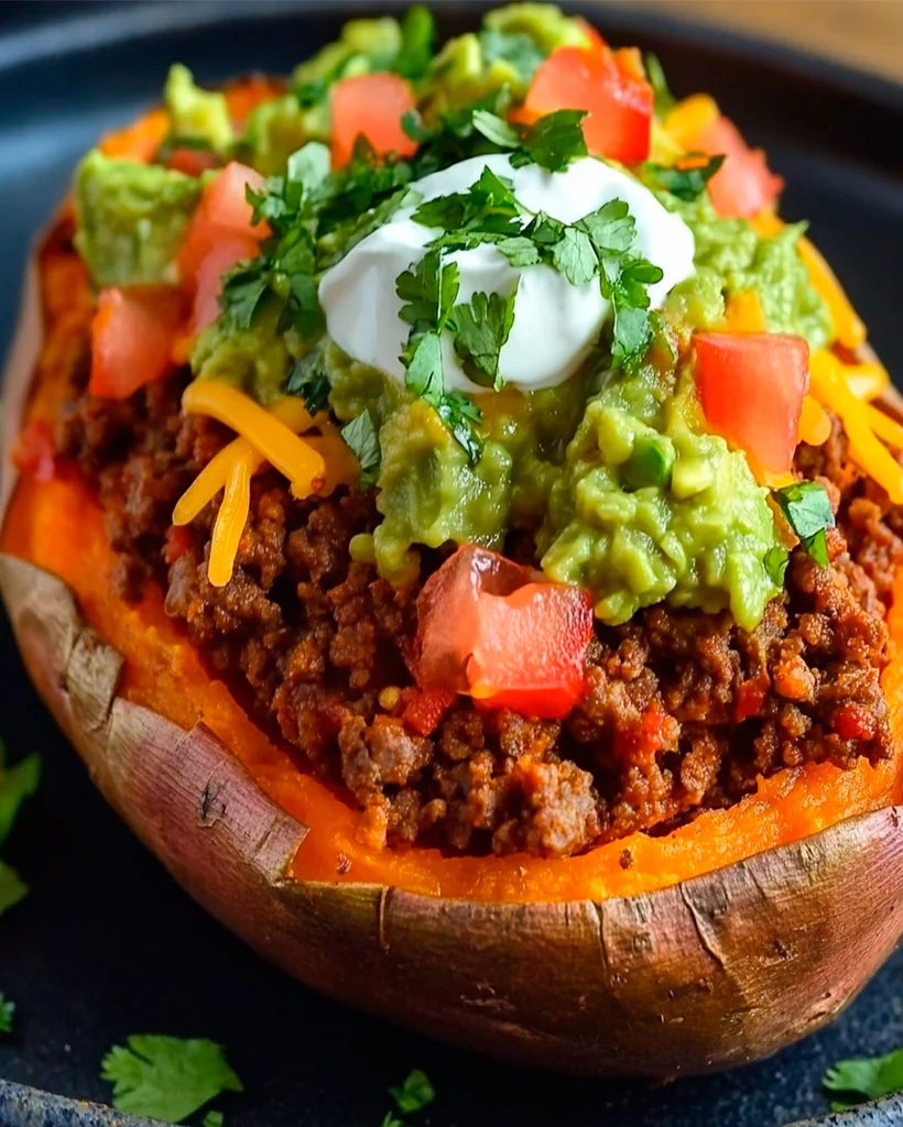 Stuffed Sweet Potato with Beef, Cheddar, and Guacamole