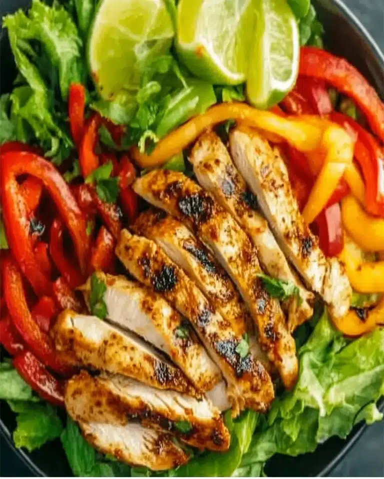 Try this grilled chili lime chicken fajita salad! A healthy, flavorful dish with juicy chicken, fresh veggies, and a tangy marinade.