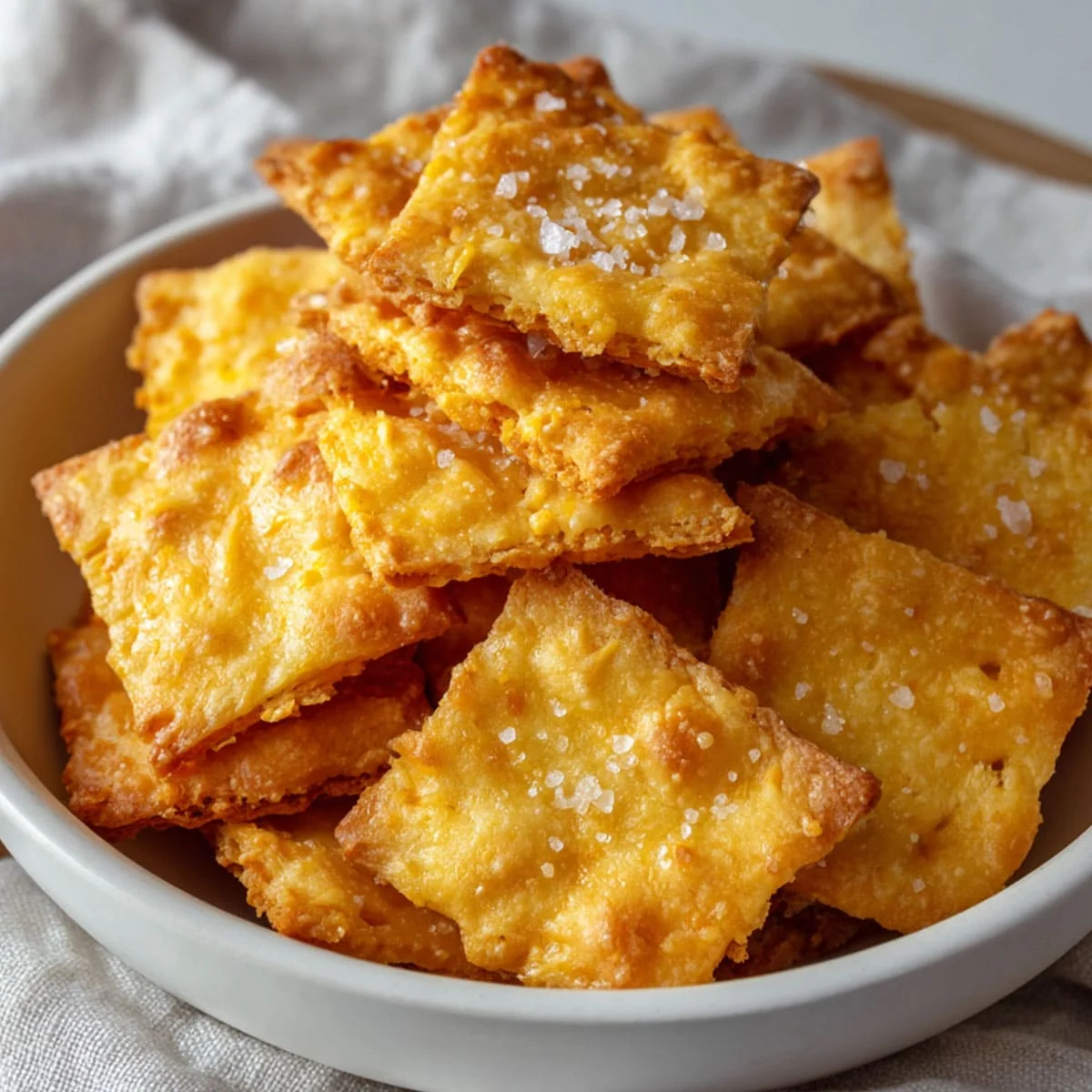 Sourdough Cheez It Crackers Recipe 8 Homemade Cheez It Crackers in a white bowl topped with flaky sea salt.