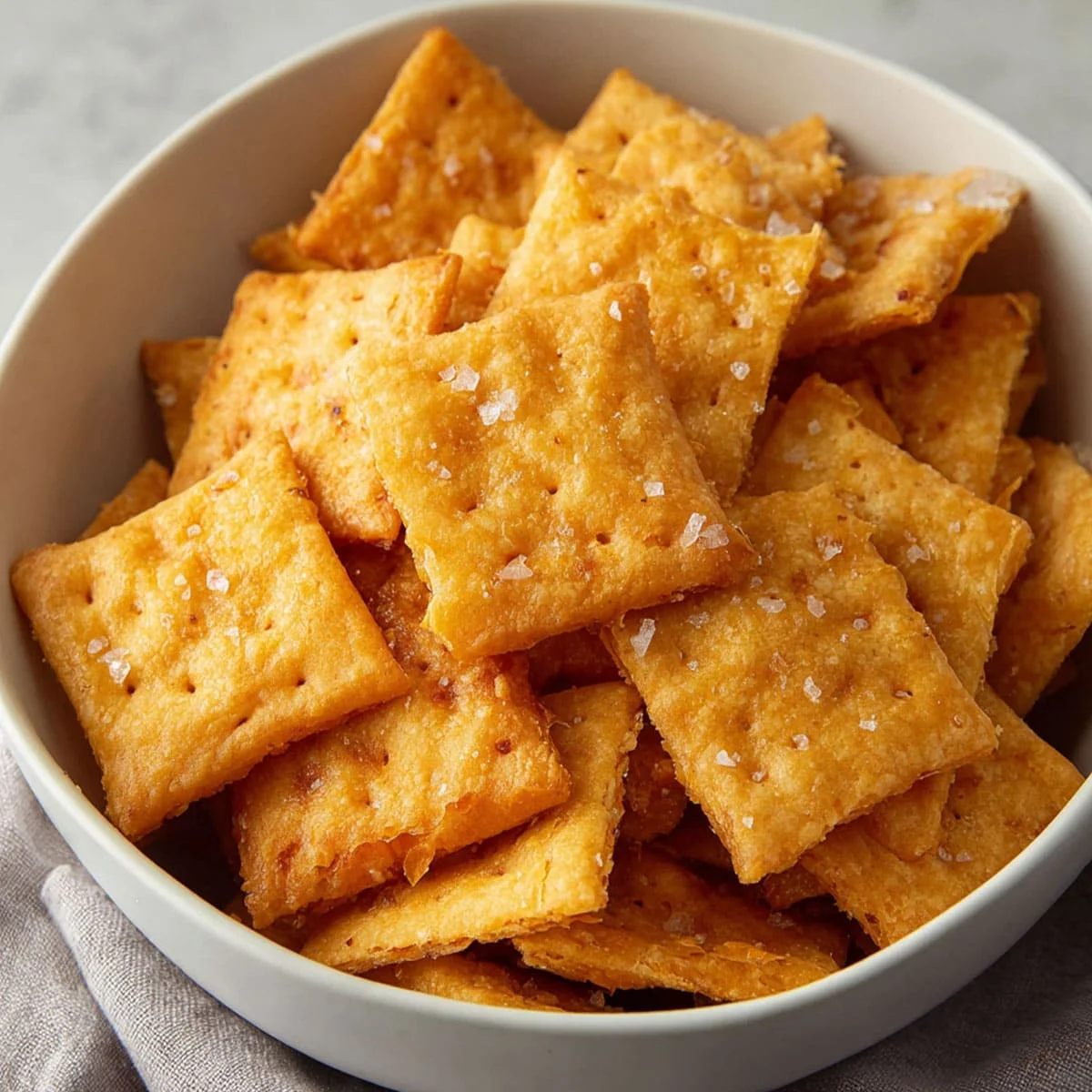 Sourdough Cheez It Crackers Recipe 5 Cheez It Crackers stacked in a bowl showing their golden, crispy texture.